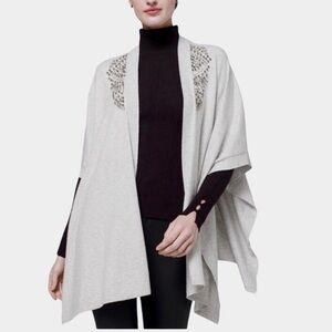 WHITE HOUSE BLACK MARKET CRYSTAL EMBELLISHED RUANA WRAP PONCHO NEUTRAL GRAY